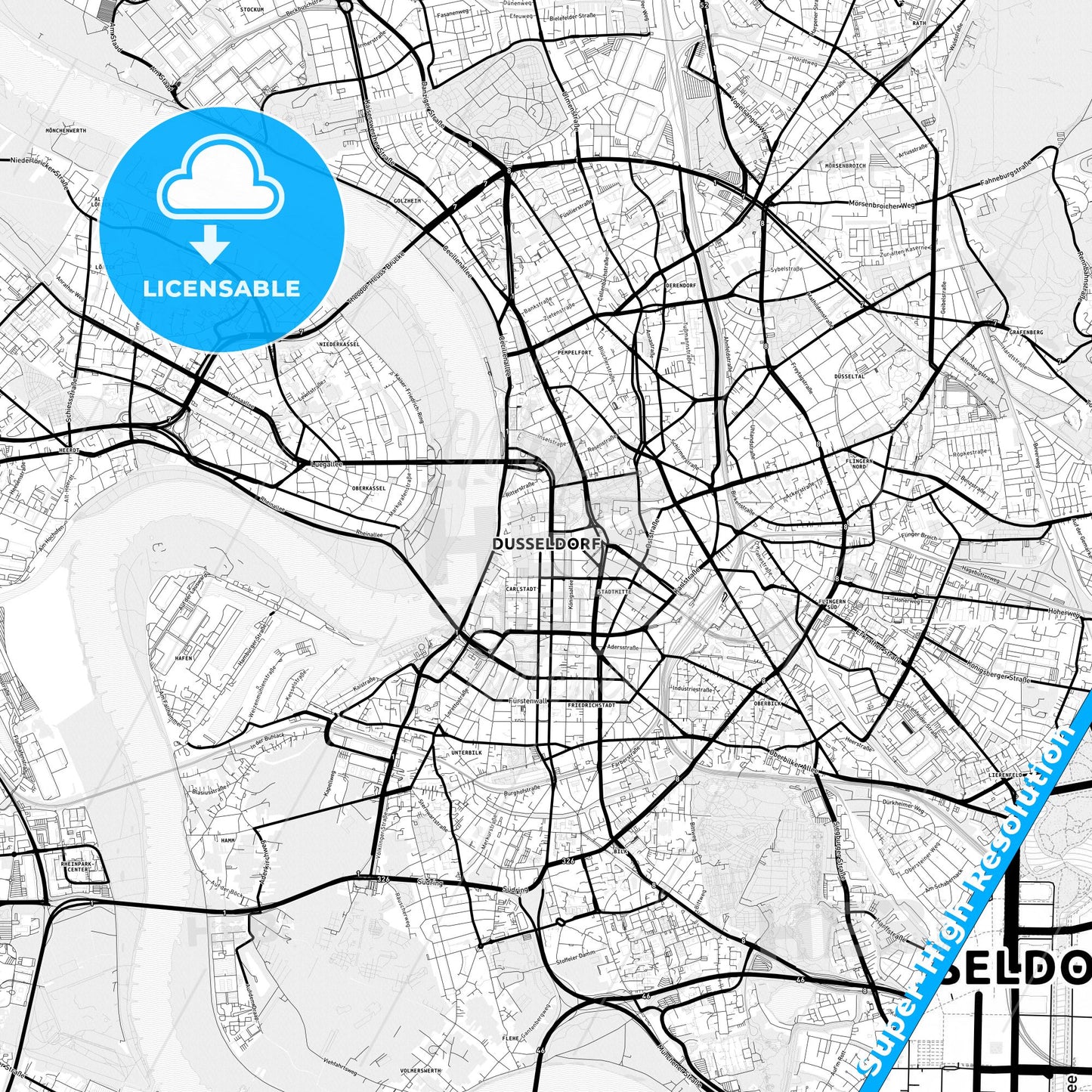 Düsseldorf, Germany Light Map with Street Names, City Names, and Districts