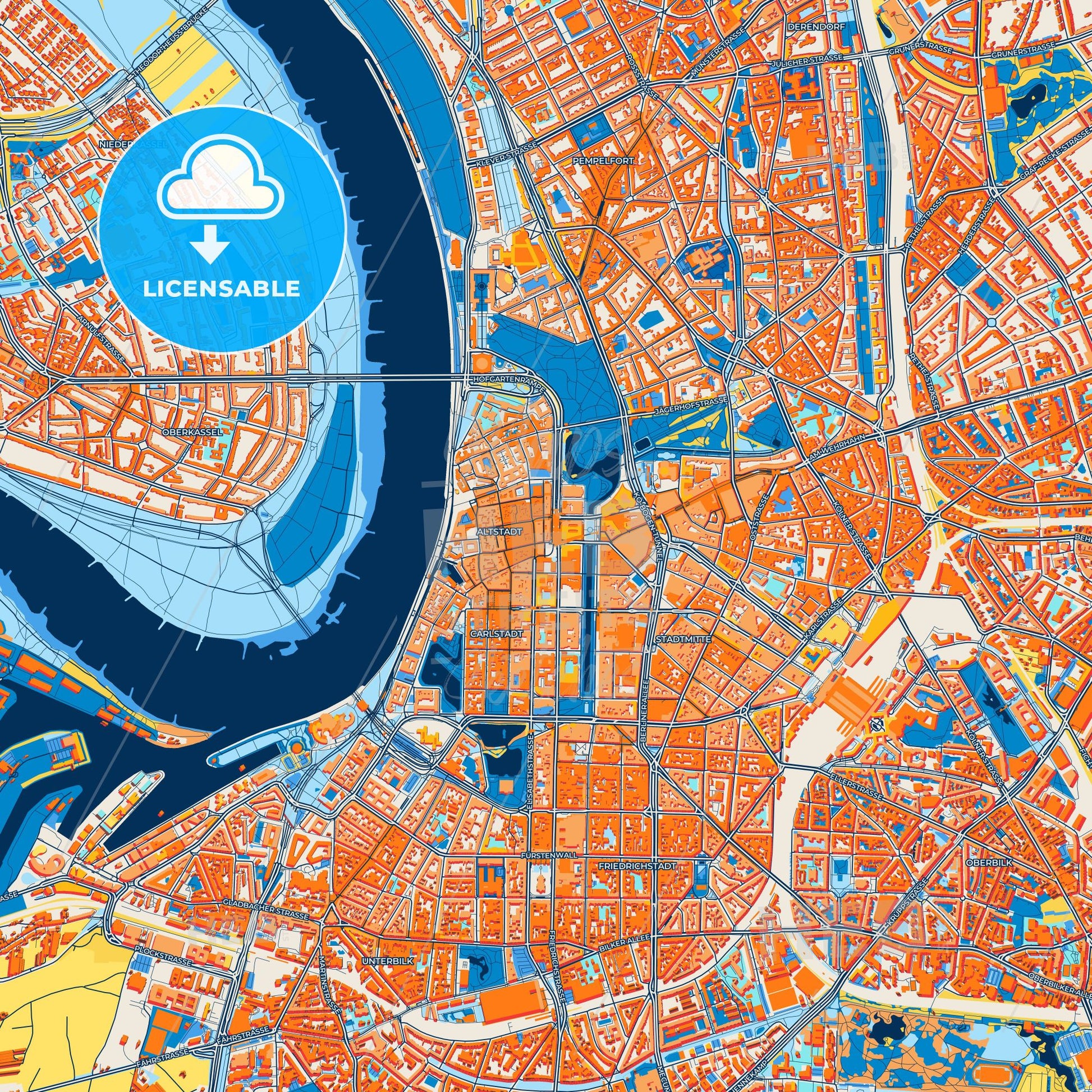 Colorful Düsseldorf Street Map with Labels and Buildings