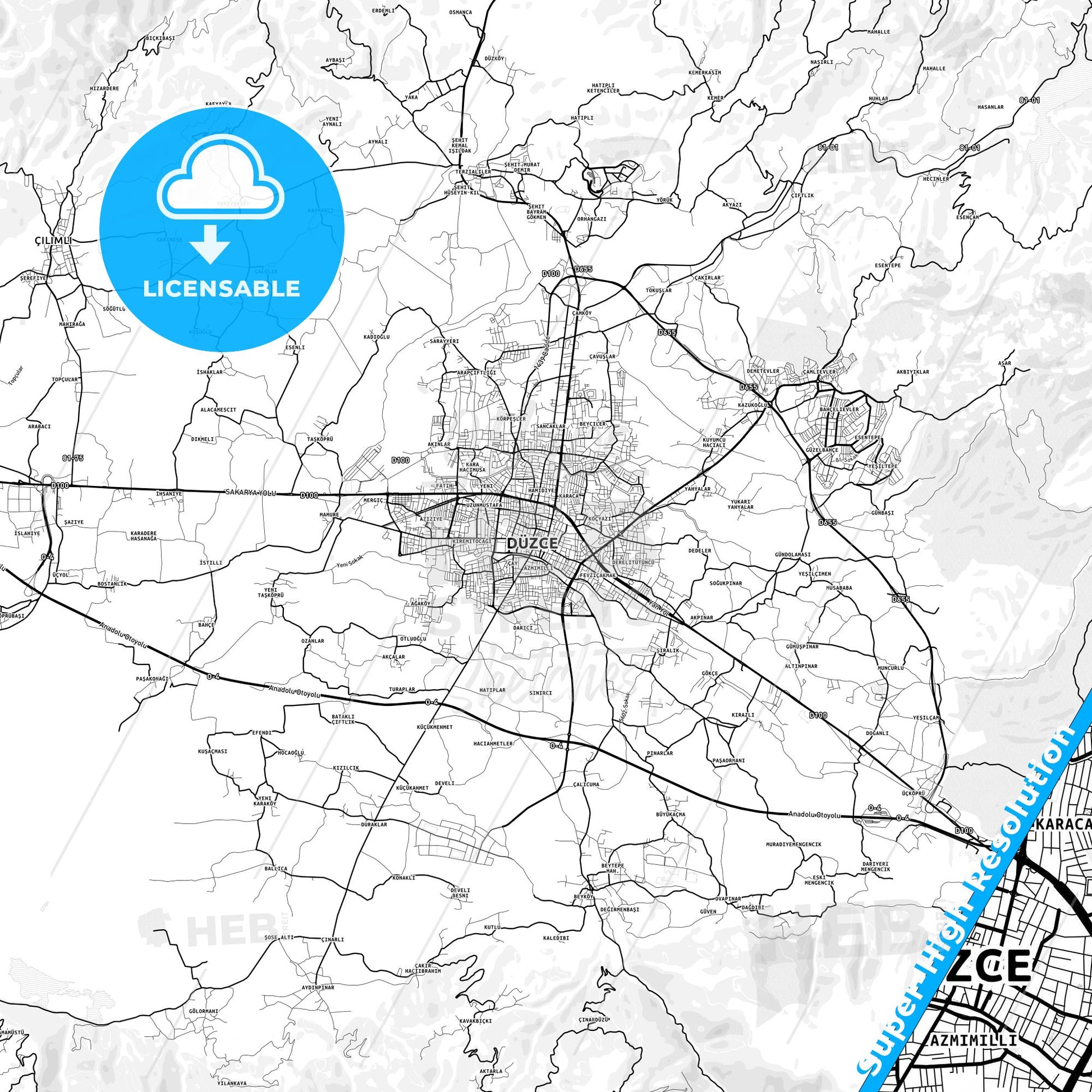 Düzce, Turkey light map with streetnames, citynames and districts