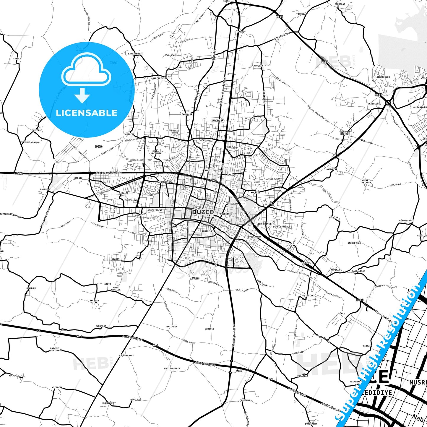 Düzce, Turkey Light Map with Street Names, City Names, and Districts