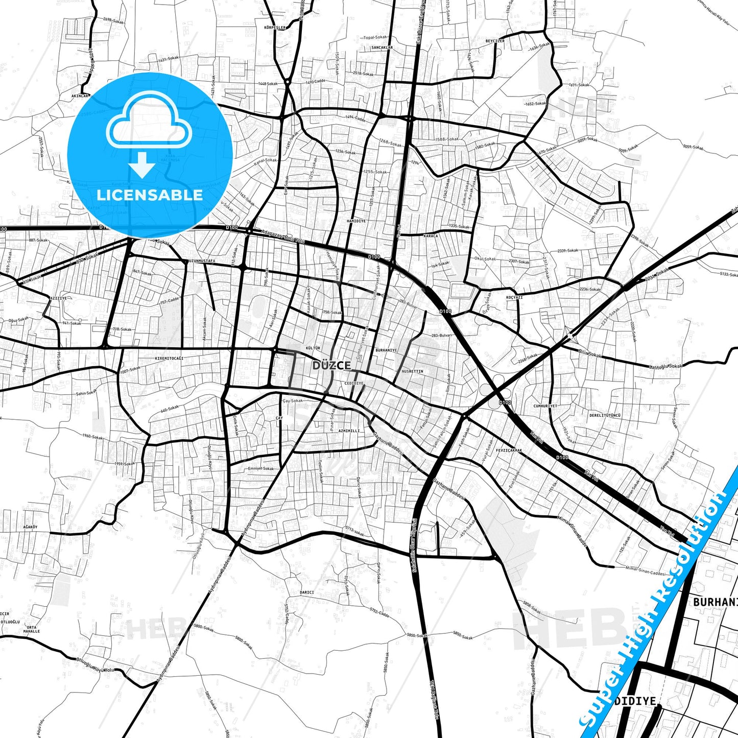 Düzce, Turkey Light Map with Street Names, City Names, and Districts