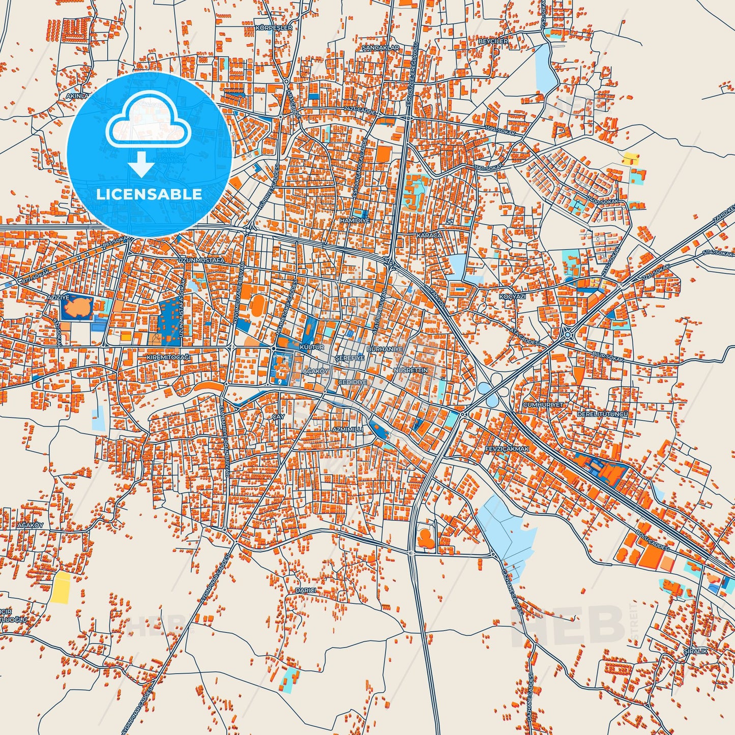 Colorful Düzce Street Map with Labels and Buildings