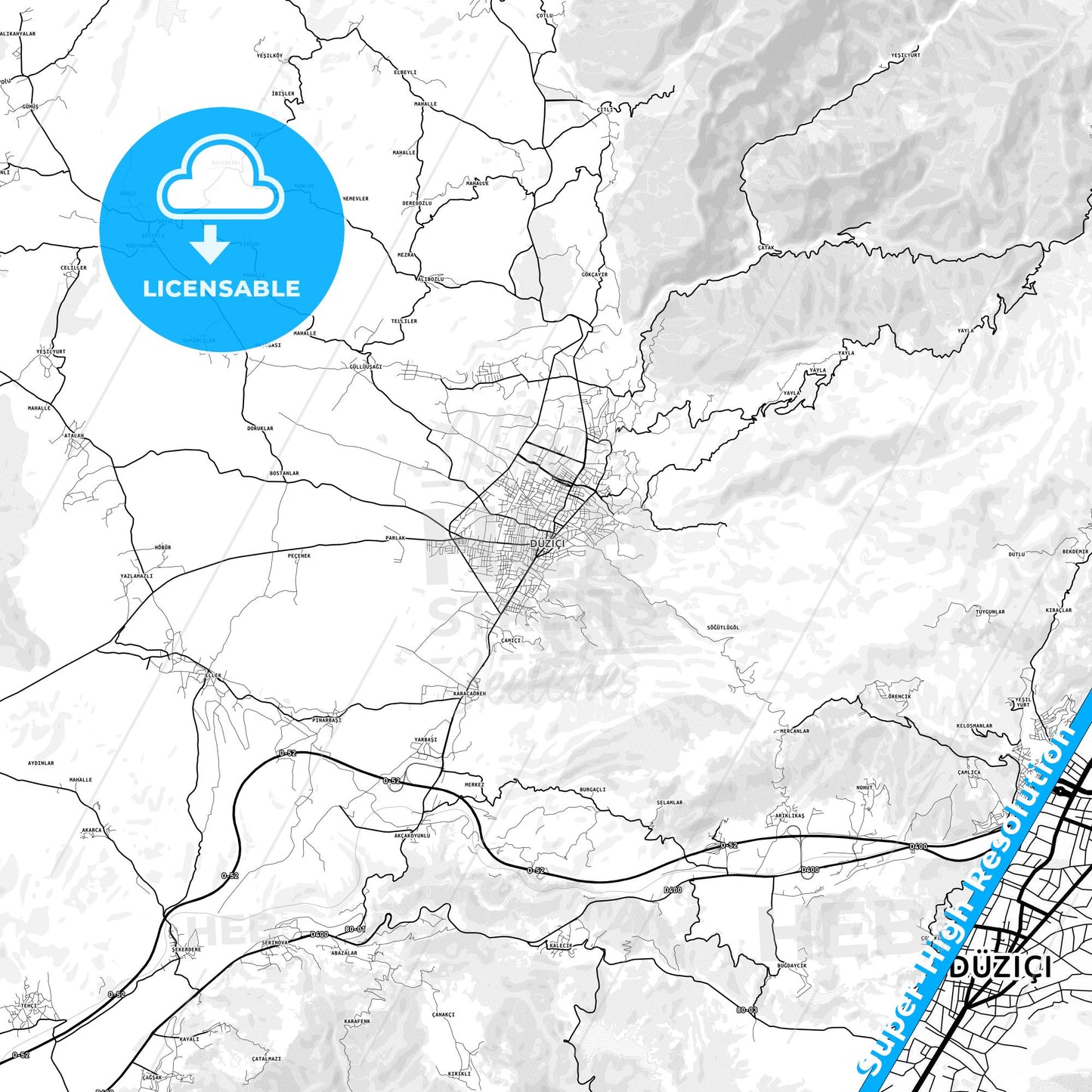 Düziçi, Turkey light map with streetnames, citynames and districts