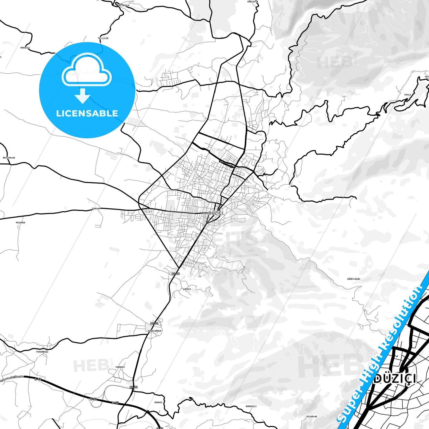 Düziçi, Turkey Light Map with Street Names, City Names, and Districts