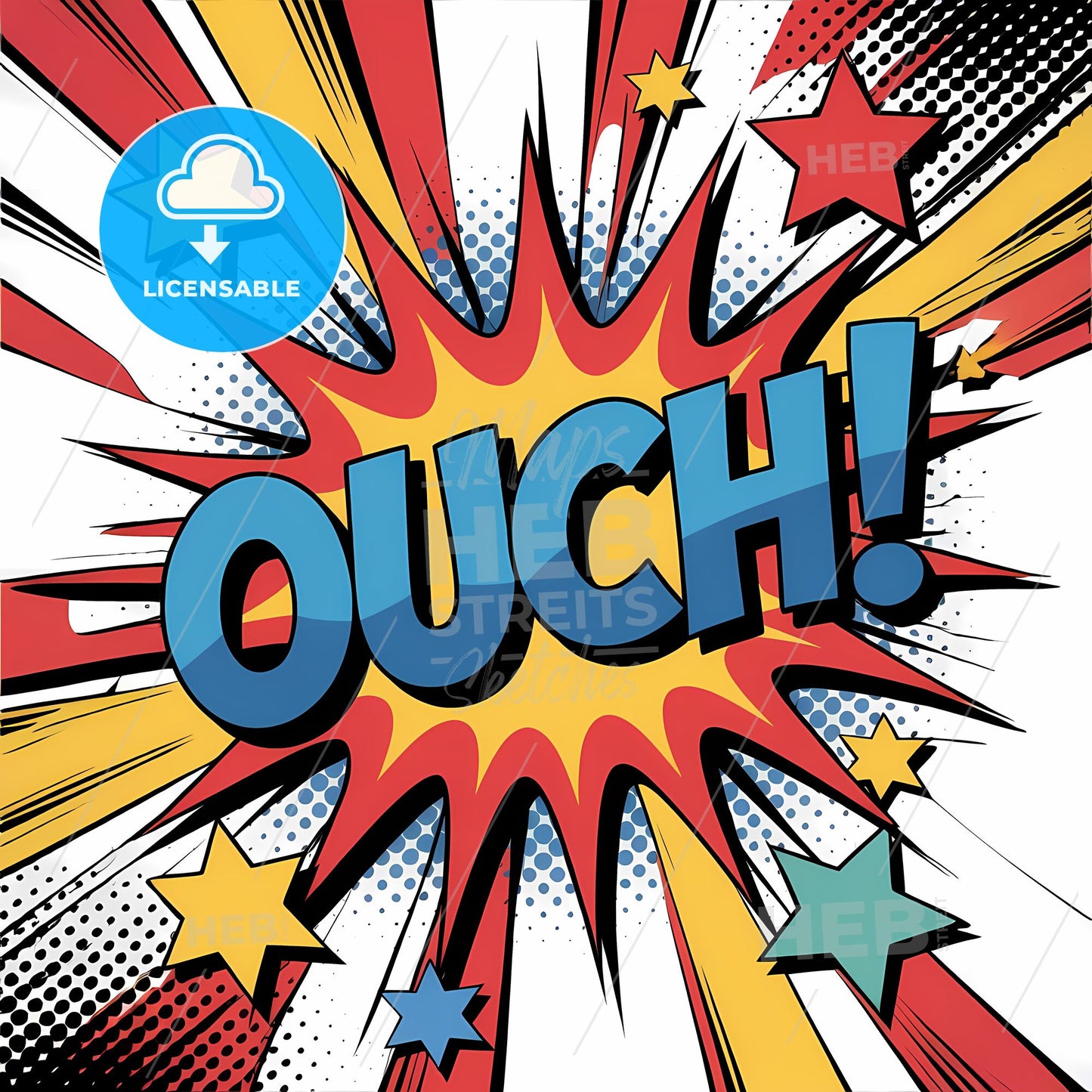 Dynamic Comic Boom with Bold 'OUCH!' in Vibrant Starburst Explosion