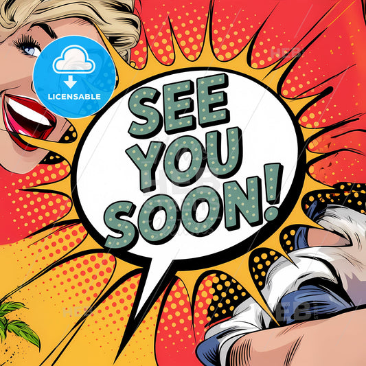 Dynamic Comic Pop Art: Bold 'See You Soon' Speech Bubble Design