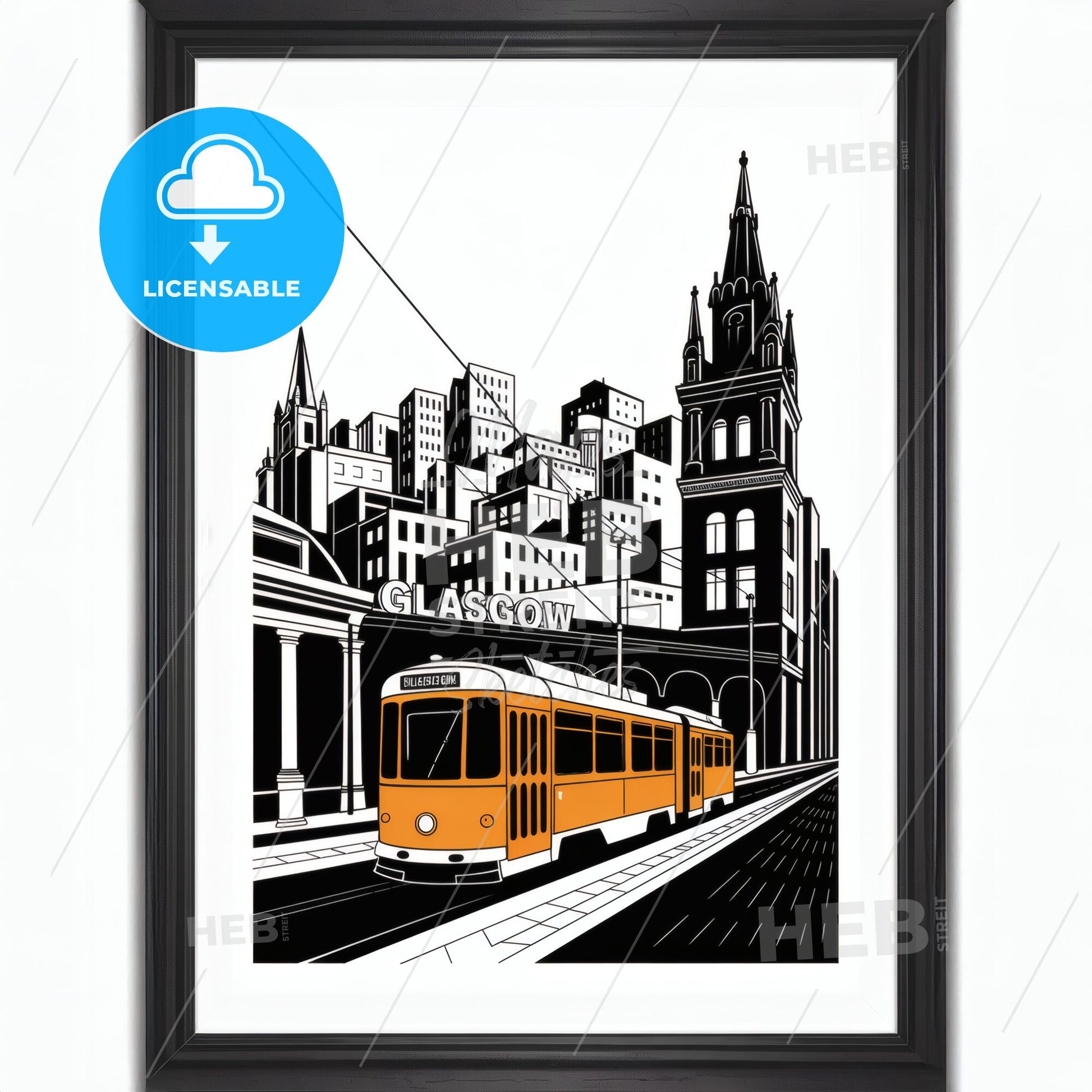 Dynamic Glasgow Cityscape: Bold Monochrome Illustration with Vibrant Tram Accents