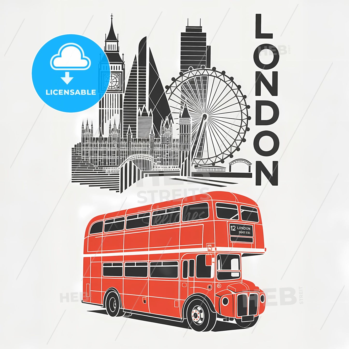 Dynamic London Skyline: Bold Red Bus & Abstract Landmark Silhouettes