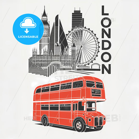 Dynamic London Skyline: Bold Red Bus & Abstract Landmark Silhouettes