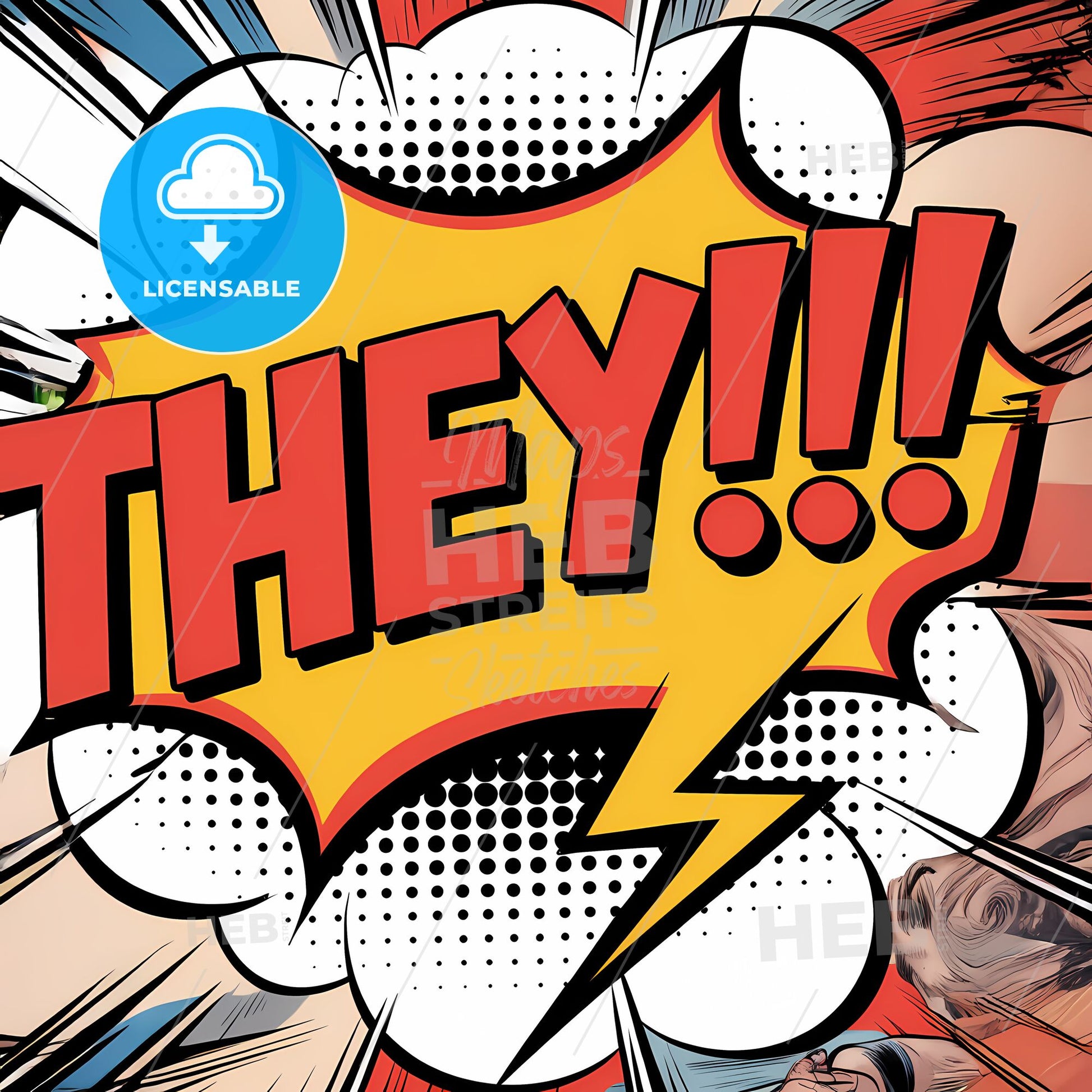 Dynamic Pop Art Speech Bubble: Bold RED HEY!!! with Lightning Flair!