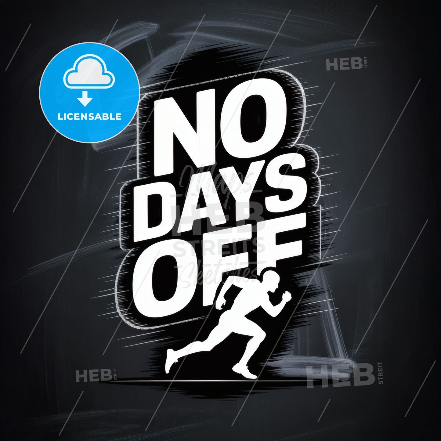 Dynamic Running Graphic with Bold 'No Days Off' Motivational Statement on Dark Background.