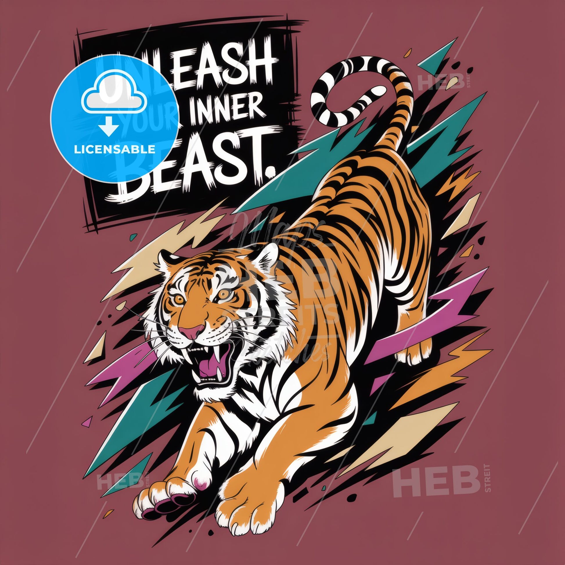 Dynamic Tiger Illustration with Bold Phrase 'Unleash Your Inner Beast' in Vibrant Colors.