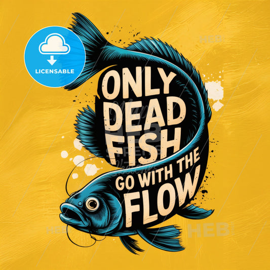 Dynamic Typographic Fish Art: 'Only Dead Fish' Motivational Poster in Bold Colors