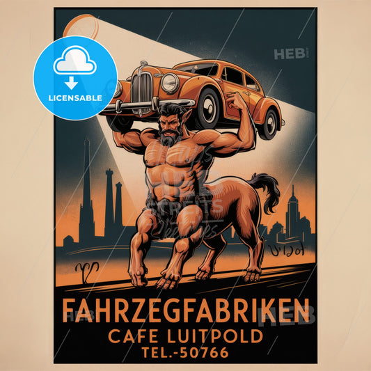 Dynamic Vintage Art Deco Centaur Advertisement Poster: Faun with Classic Car