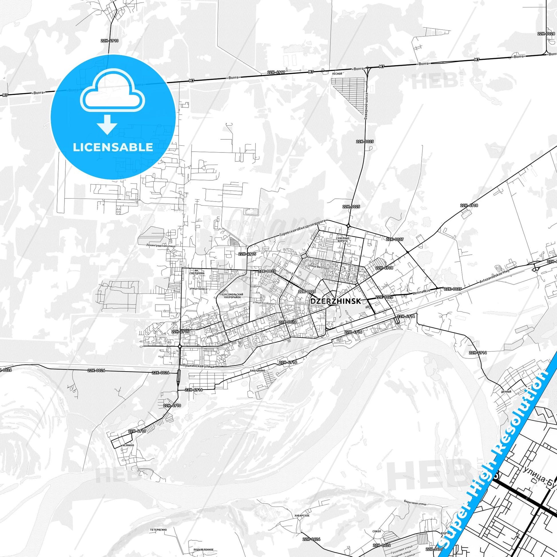 Dzerzhinsk, Russia light map with streetnames, citynames and districts