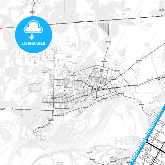 Dzerzhinsk, Russia light map with streetnames, citynames and districts