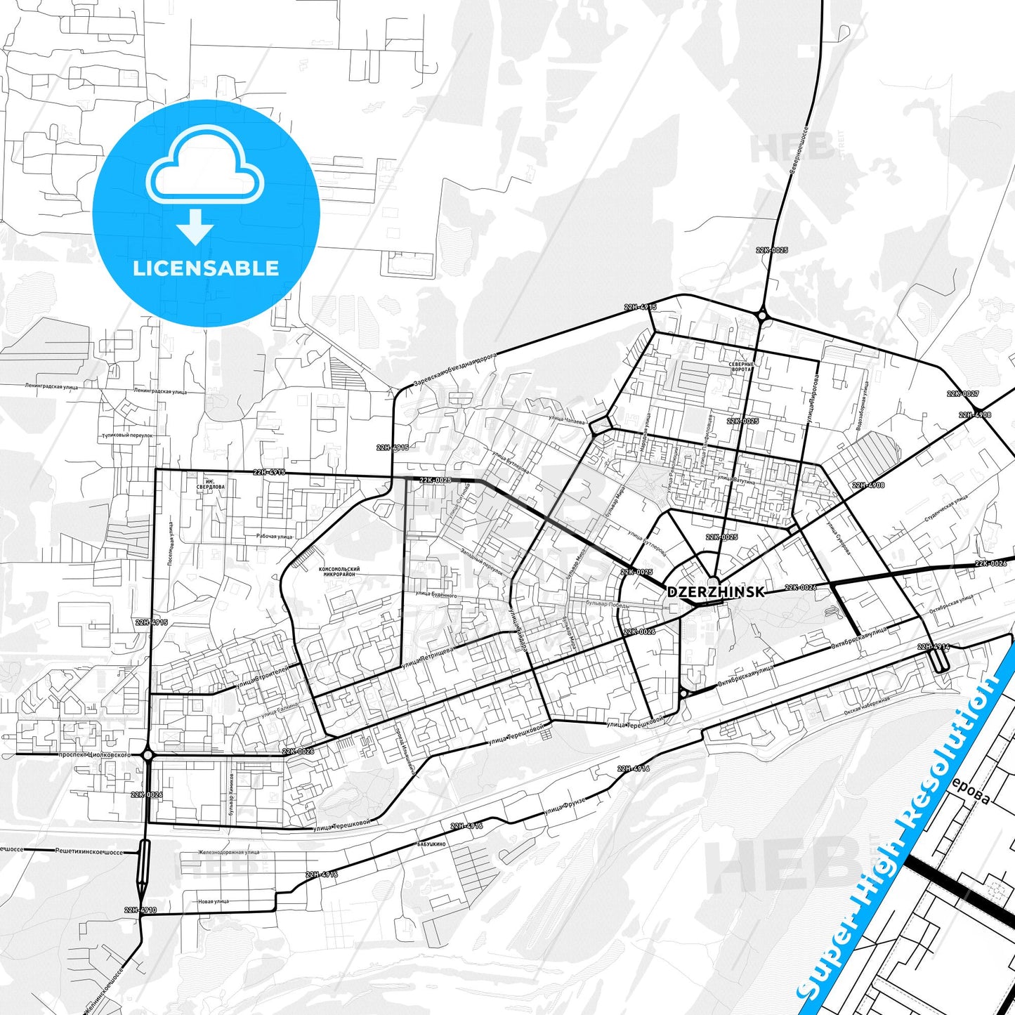 Dzerzhinsk, Russia Light Map with Street Names, City Names, and Districts