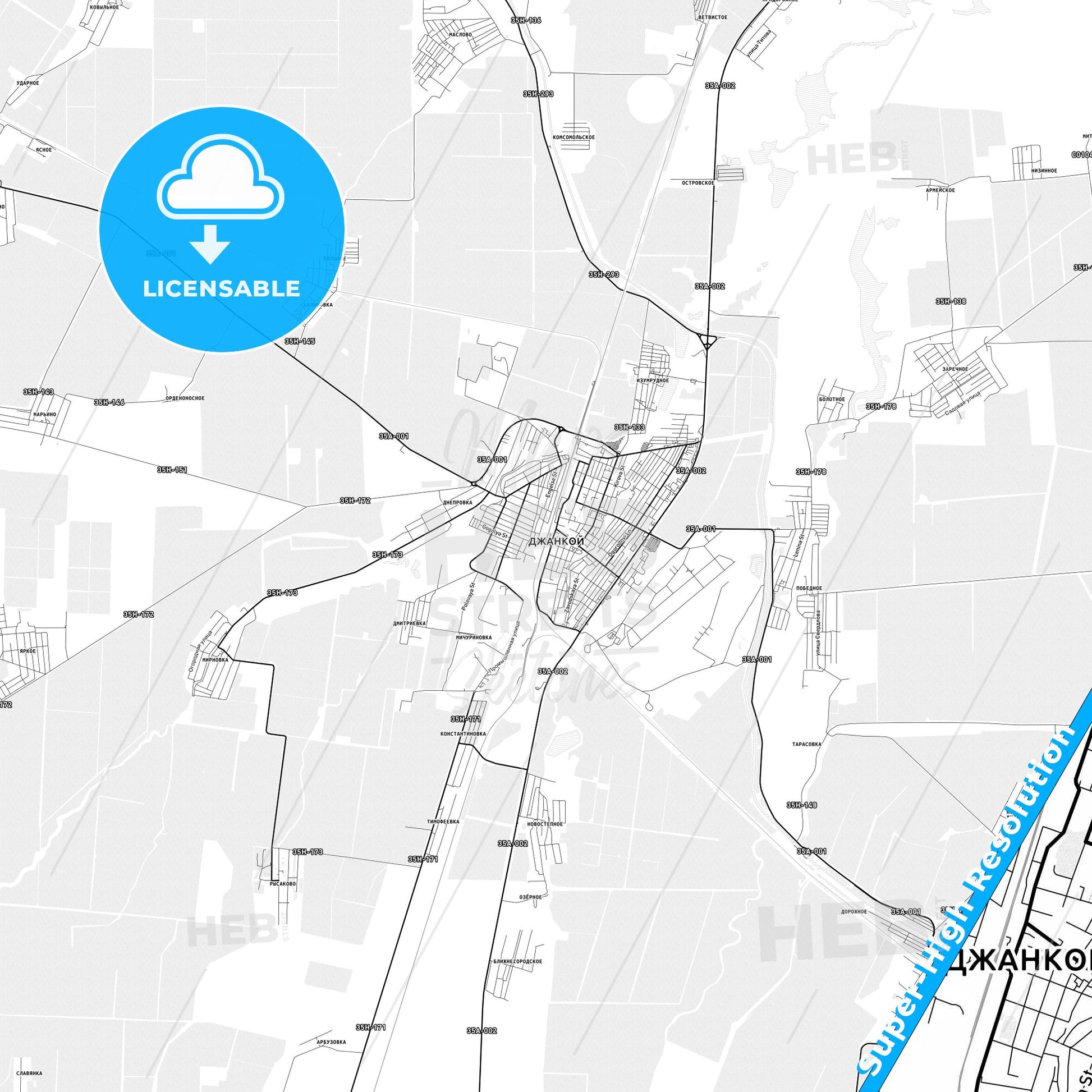 Dzhankoy, Ukraine light map with streetnames, citynames and districts