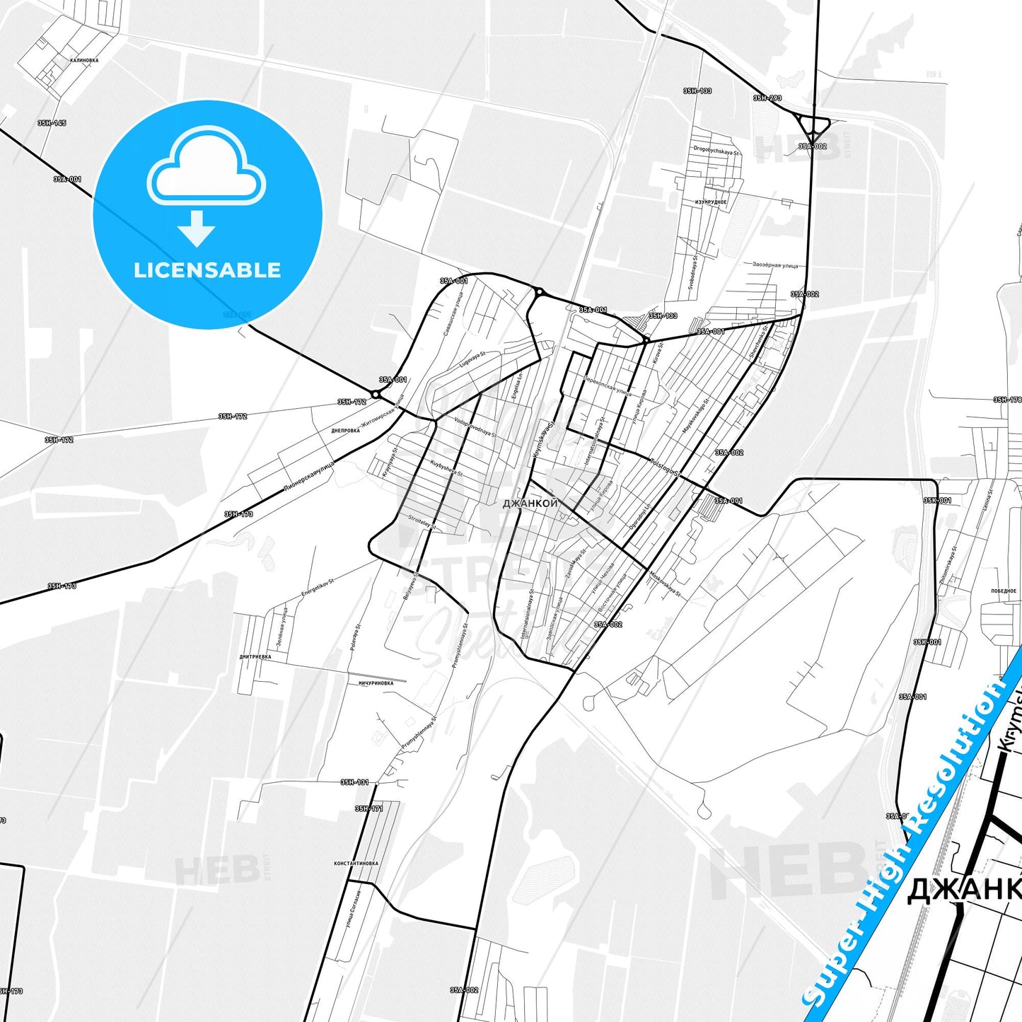 Dzhankoy, Ukraine Light Map with Street Names, City Names, and Districts