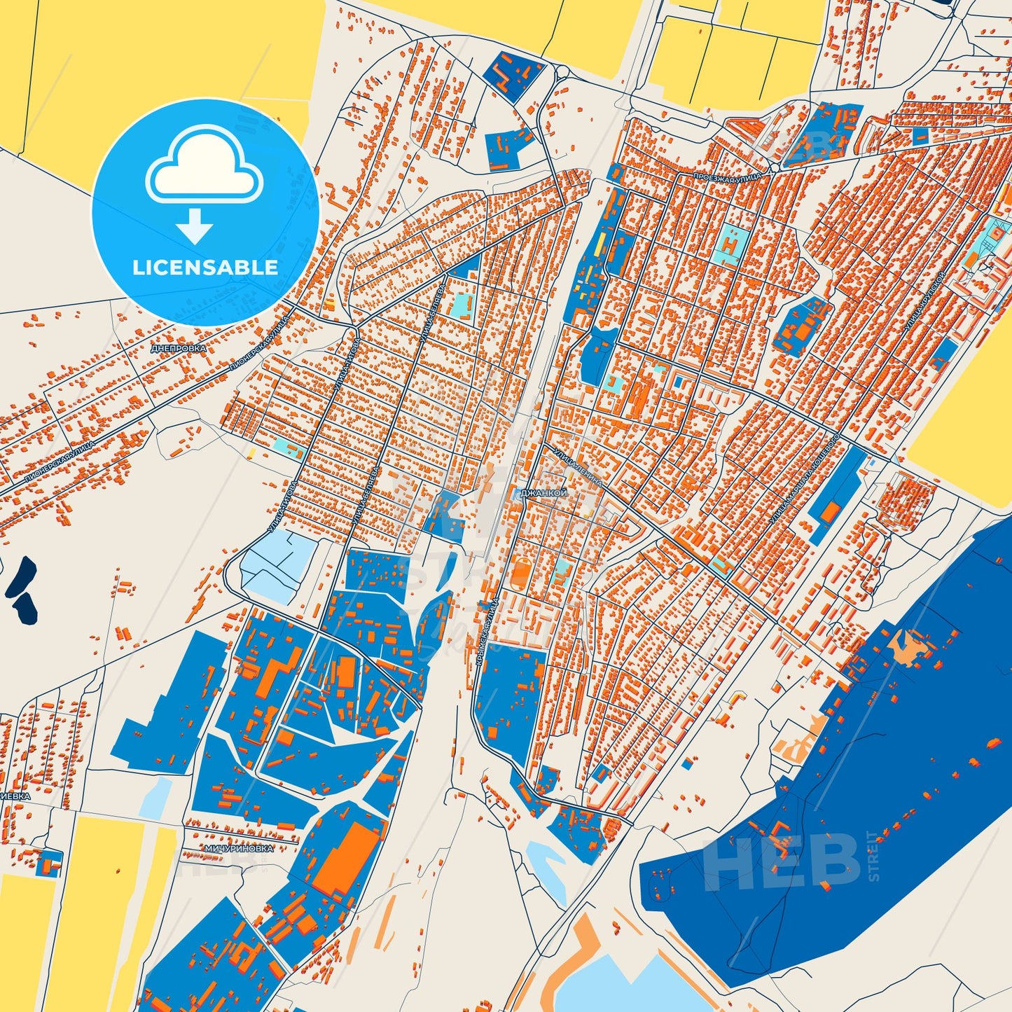 Colorful Dzhankoy Street Map with Labels and Buildings