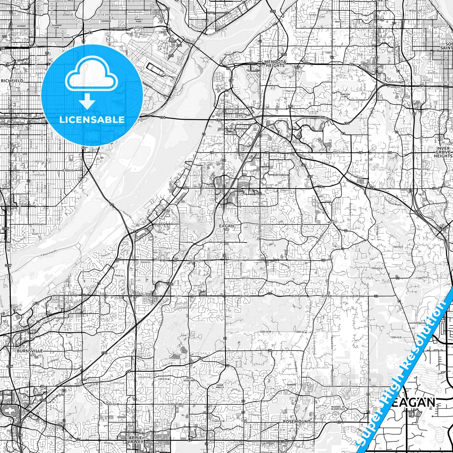 Eagan, Minnesota light map with streetnames, citynames and districts