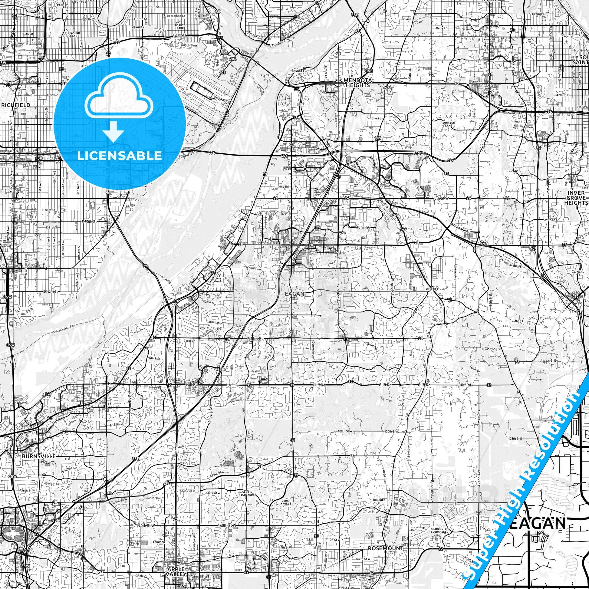 Eagan, Minnesota light map with streetnames, citynames and districts