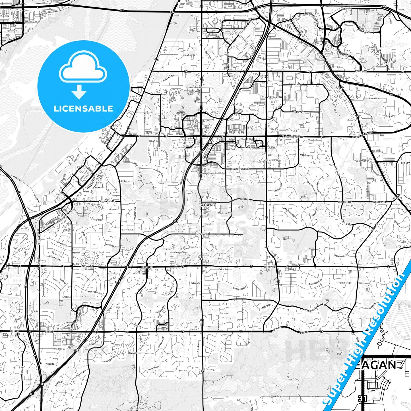 Eagan, Minnesota Light Map with Street Names, City Names, and Districts