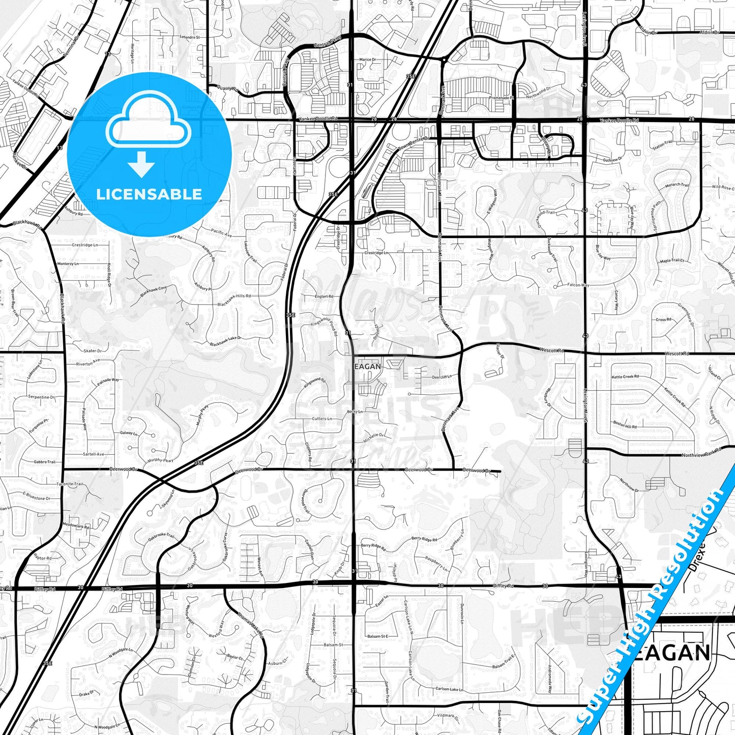 Eagan, Minnesota Light Map with Street Names, City Names, and Districts