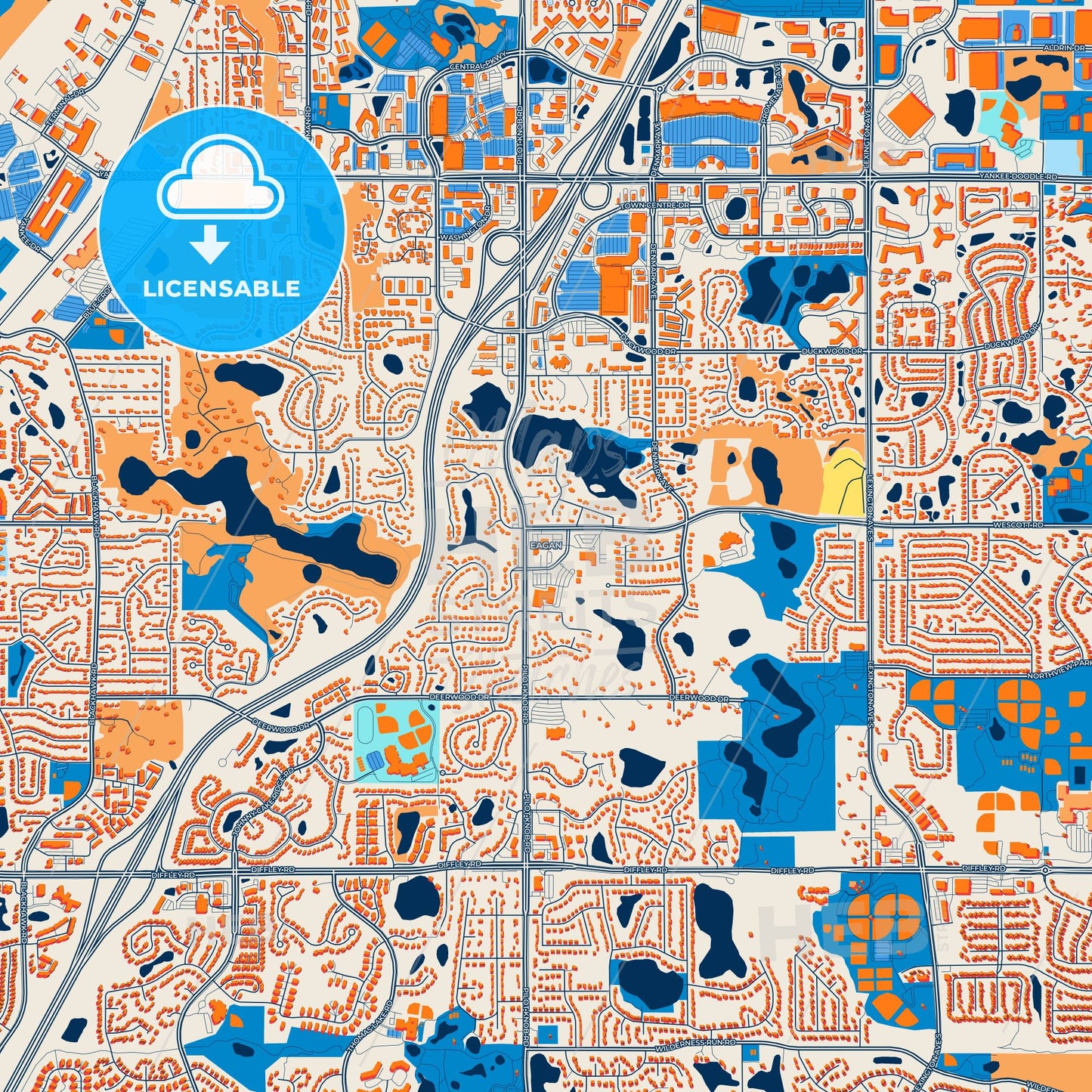 Colorful Eagan Street Map with Labels and Buildings