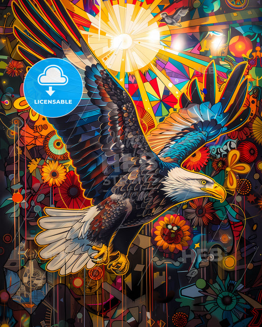 Psychedelic Eagle Soaring Amidst Vibrant Pop Art Landscape, Graffiti, Stained Glass, and Ray of Sunlight