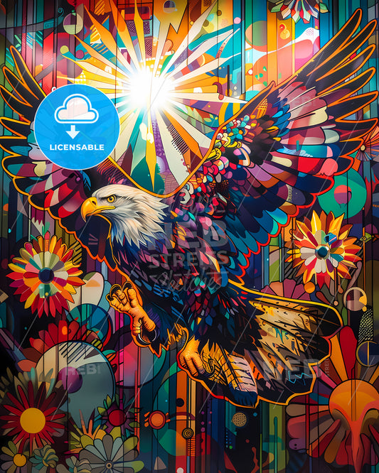 Psychedelic Eagle Painting: Vibrant Pop Art Deco Graffiti Over Stained Glass Landscape