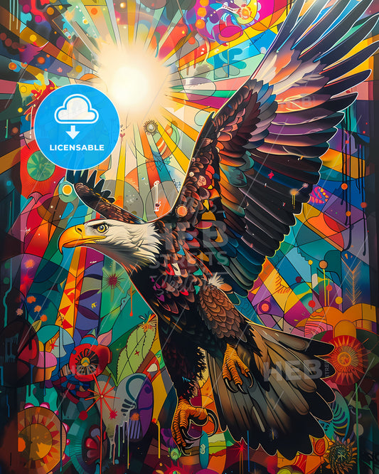 Psychedelic Eagle Painting: Vibrant Pop Art Deco Landscape with Sunlight and Stained Glass Elements