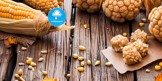 Vibrant Artwork: Ear of Corn Closeup with Colorful Corn Kernels on Wooden Surface, Artistic Painting, Copy Space