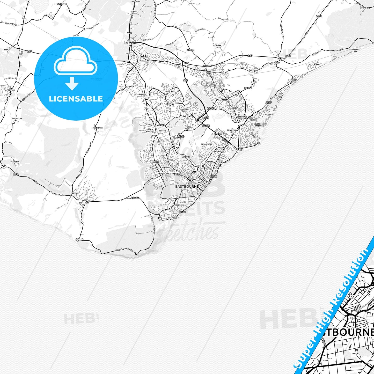 Eastbourne, England light map with streetnames, citynames and districts