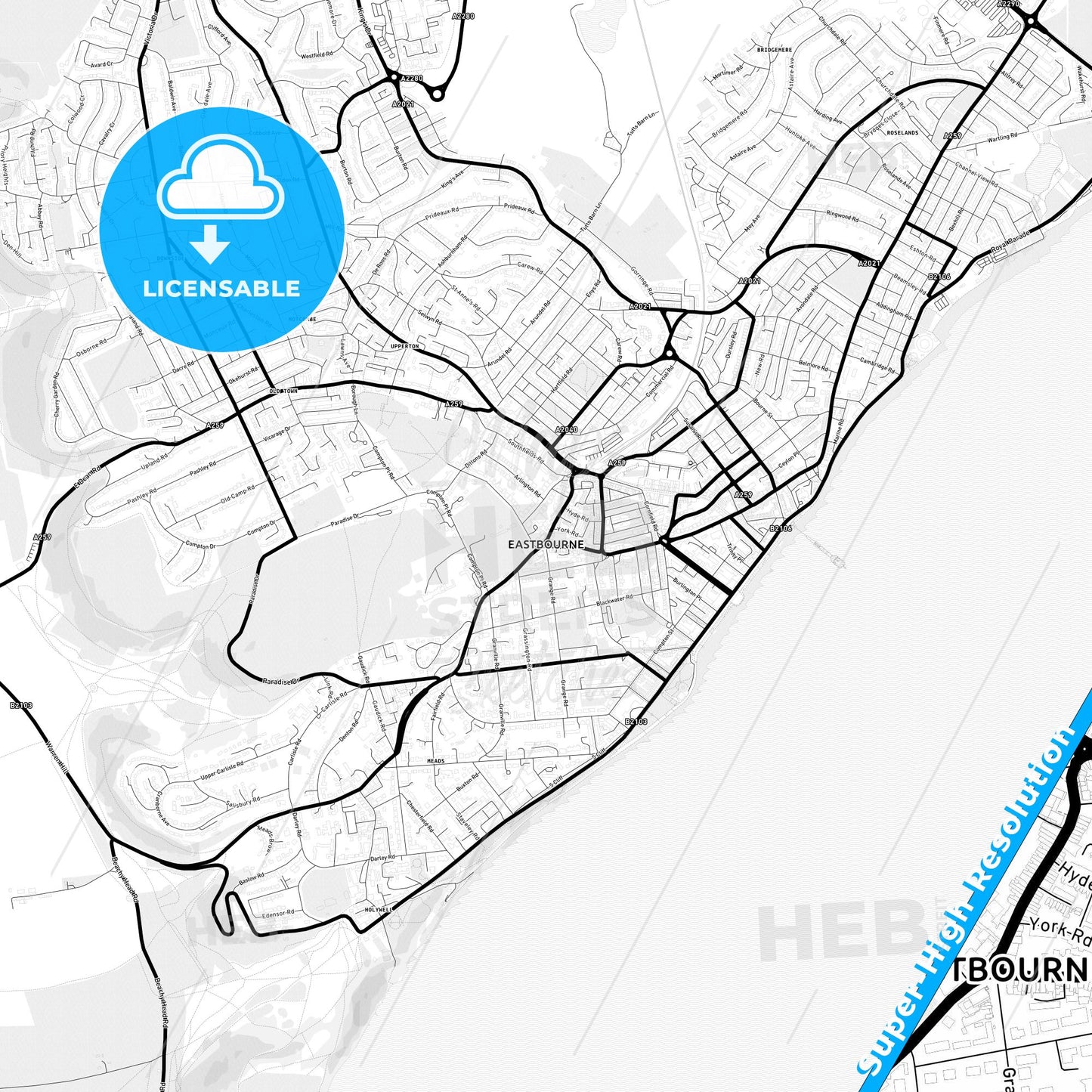 Eastbourne, England Light Map with Street Names, City Names, and Districts