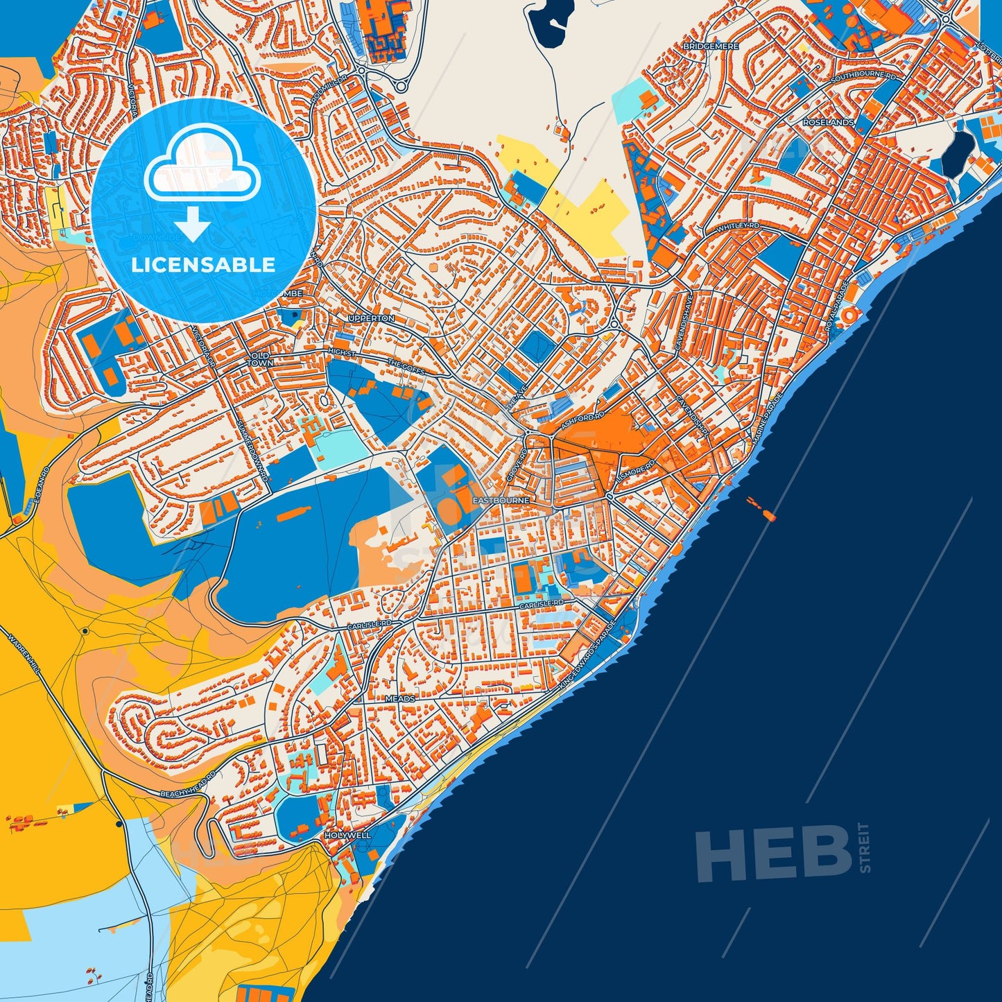 Colorful Eastbourne Street Map with Labels and Buildings