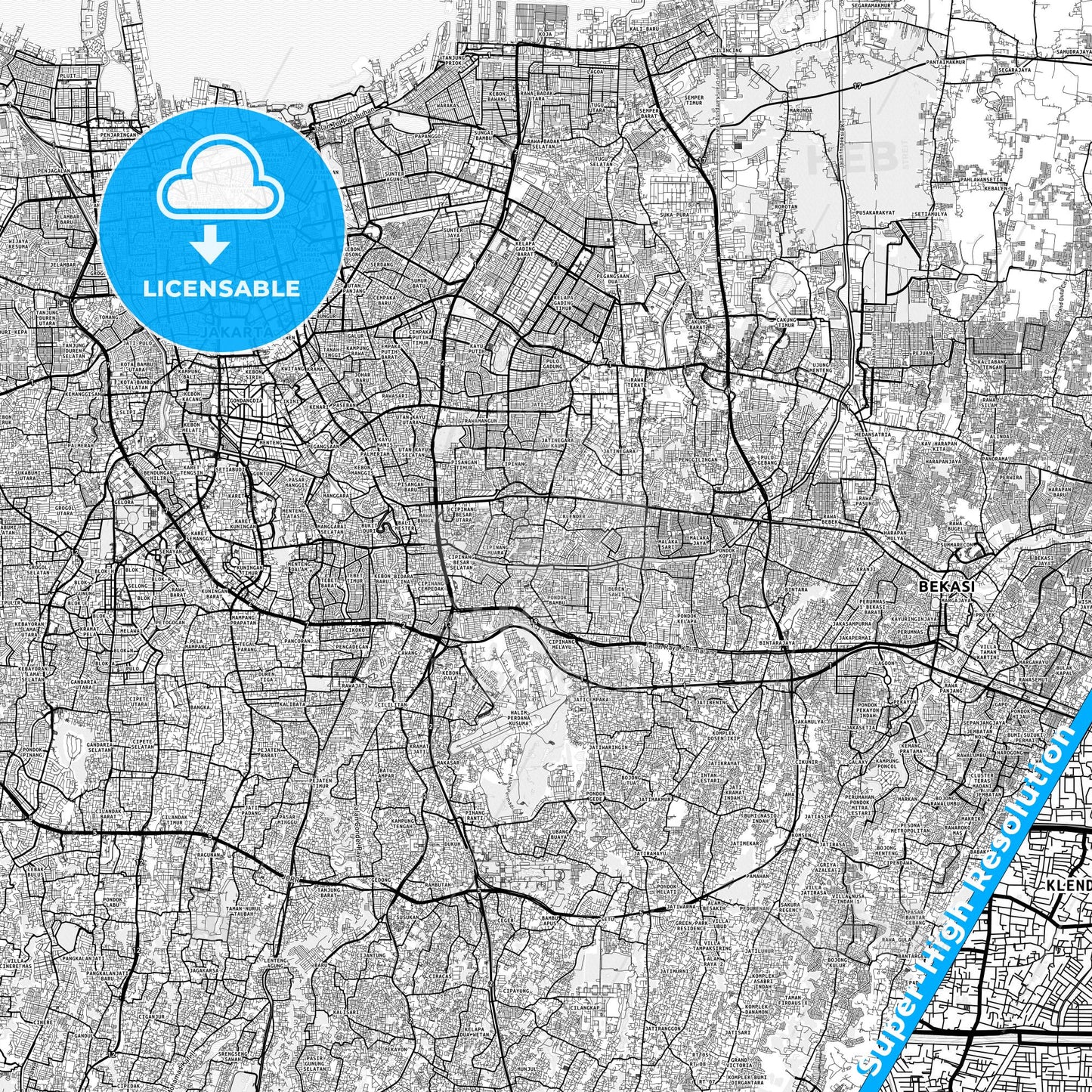 East Jakarta, Indonesia light map with streetnames, citynames and districts