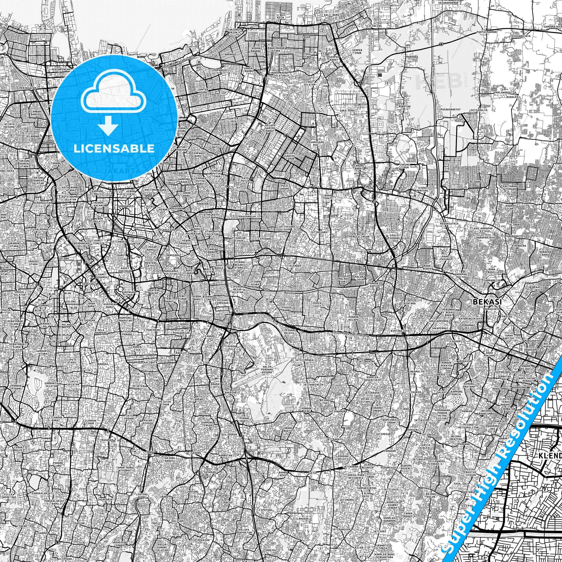 East Jakarta, Indonesia light map with streetnames, citynames and districts