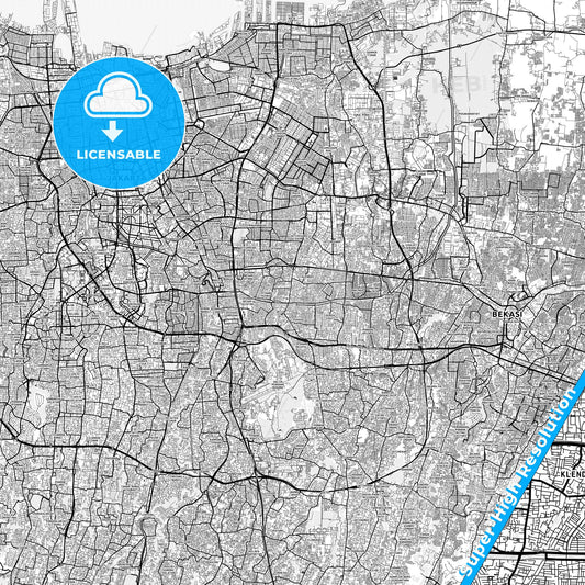 East Jakarta, Indonesia light map with streetnames, citynames and districts