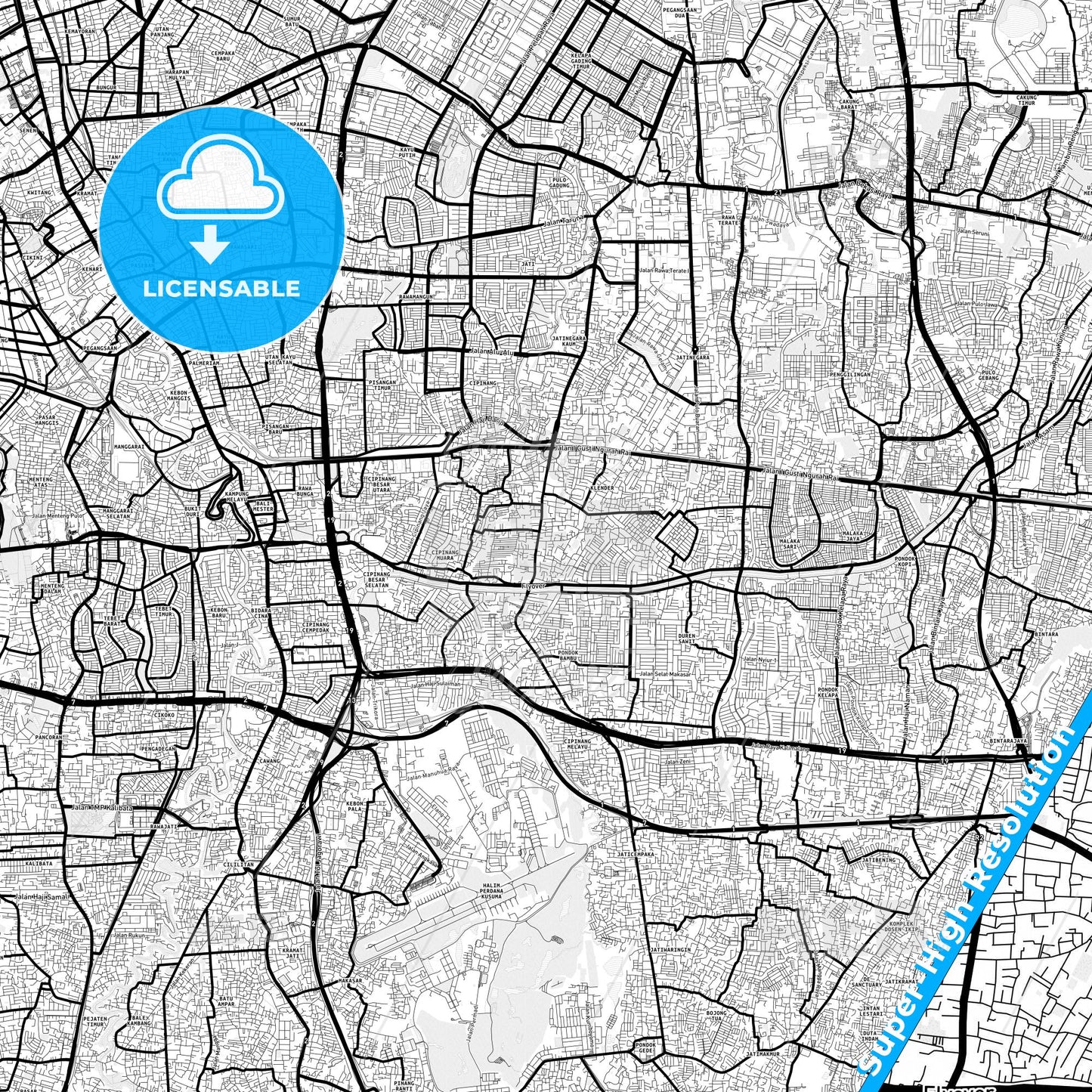 East Jakarta, Indonesia Light Map with Street Names, City Names, and Districts