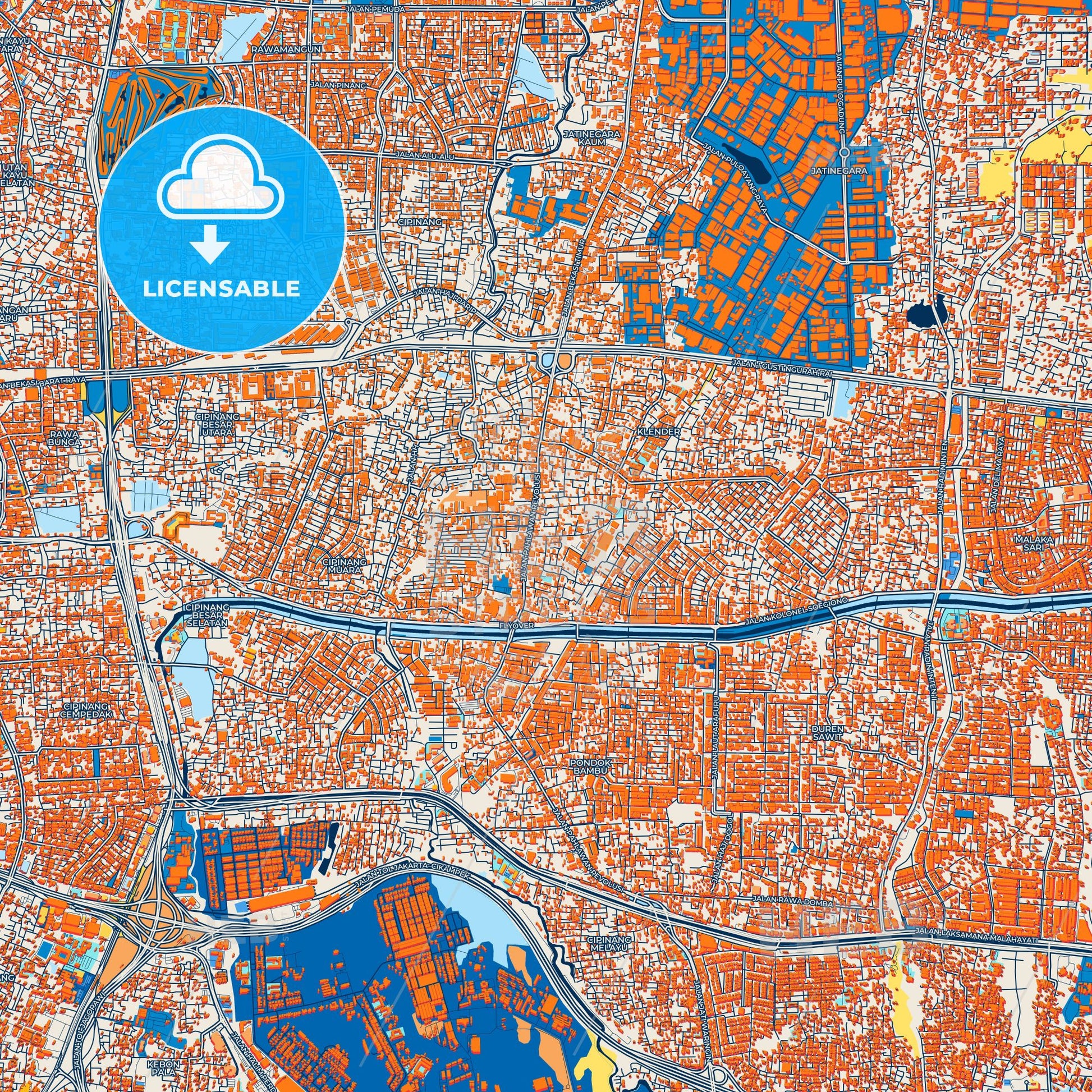 Colorful East Jakarta Street Map with Labels and Buildings