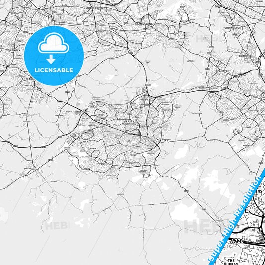 East Kilbride, Scotland light map with streetnames, citynames and districts
