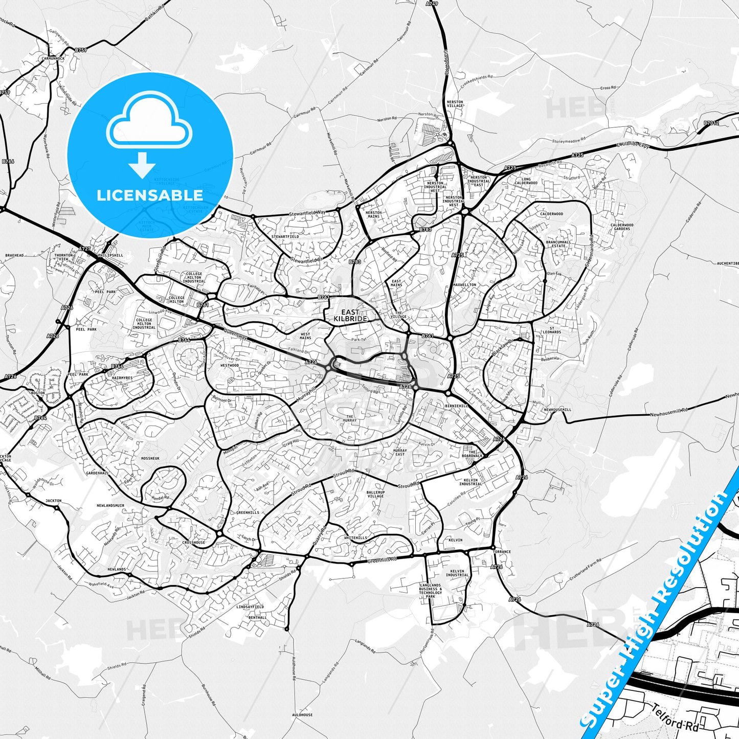 East Kilbride, Scotland Light Map with Street Names, City Names, and Districts