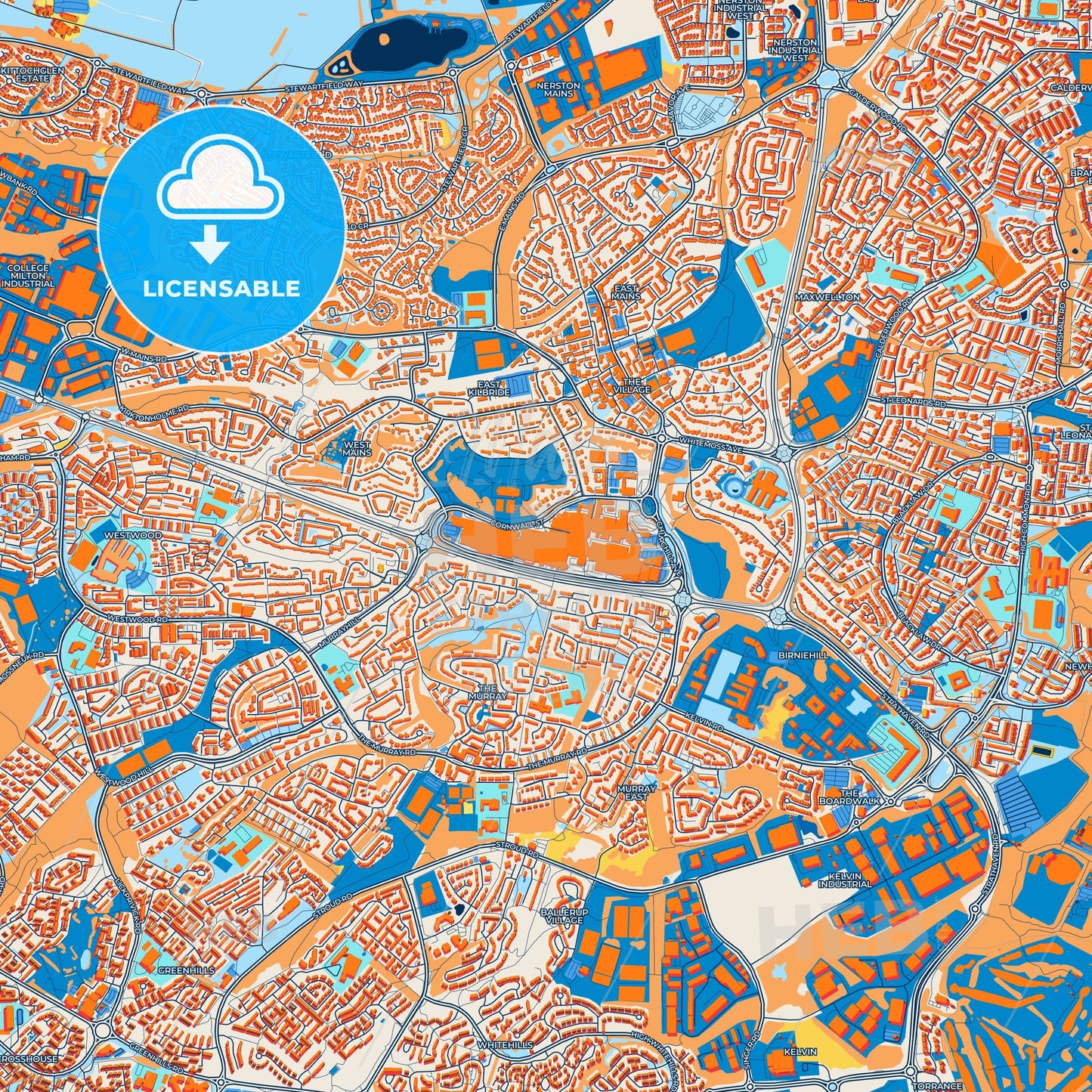 Colorful East Kilbride Street Map with Labels and Buildings