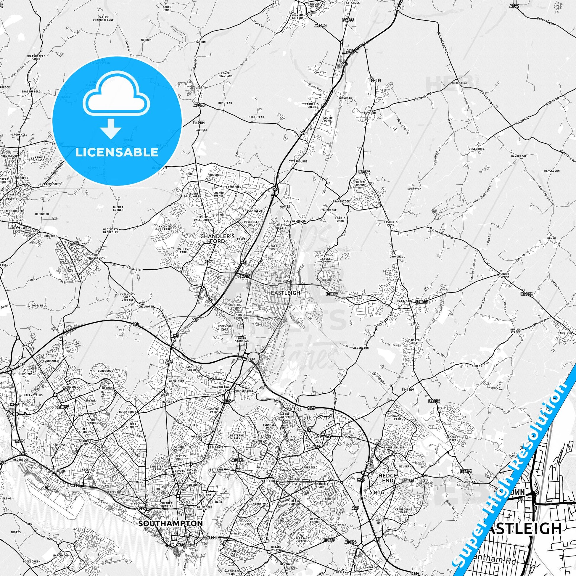 Eastleigh, England light map with streetnames, citynames and districts