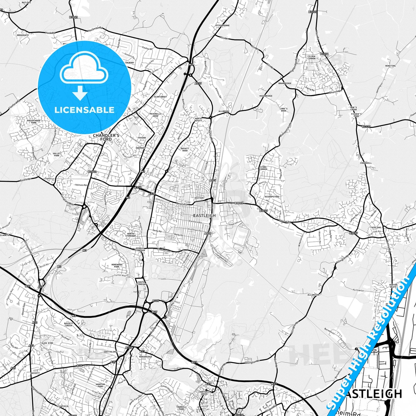 Eastleigh, England Light Map with Street Names, City Names, and Districts