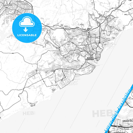 East London, South Africa light map with streetnames, citynames and districts