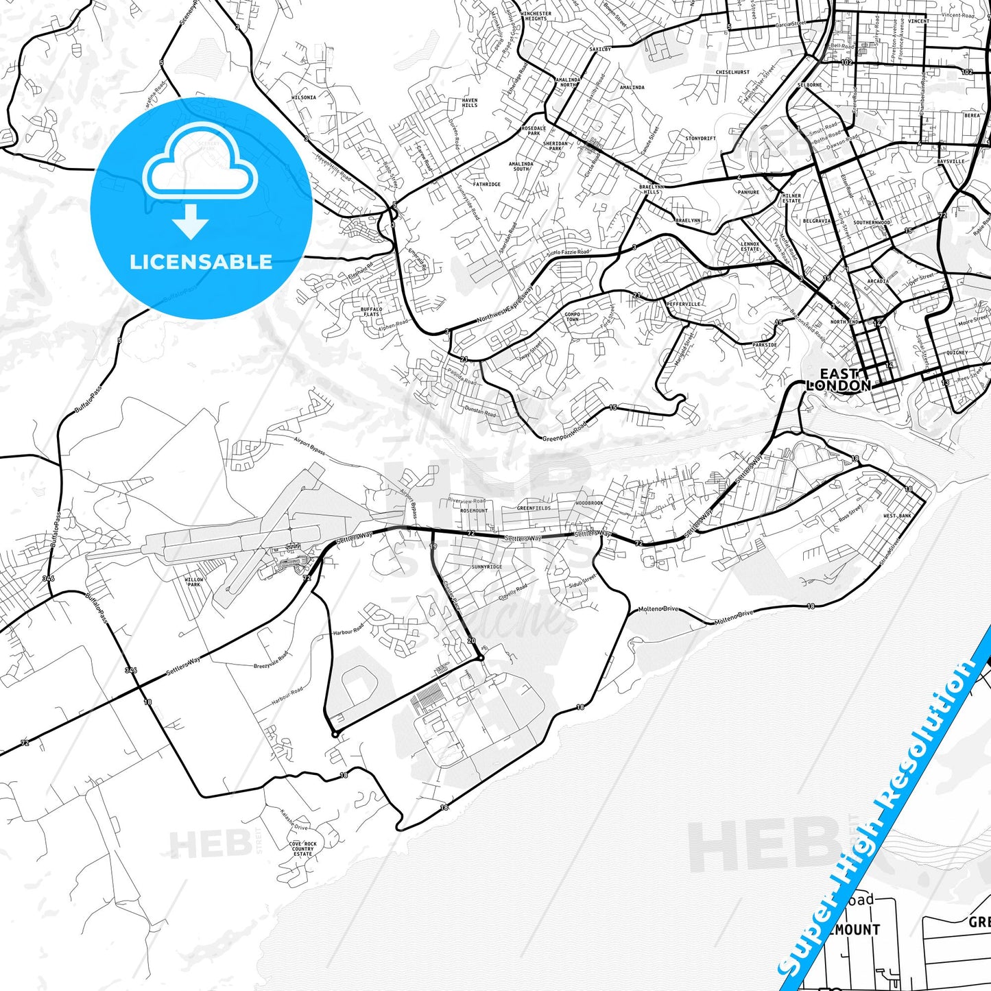 East London, South Africa Light Map with Street Names, City Names, and Districts