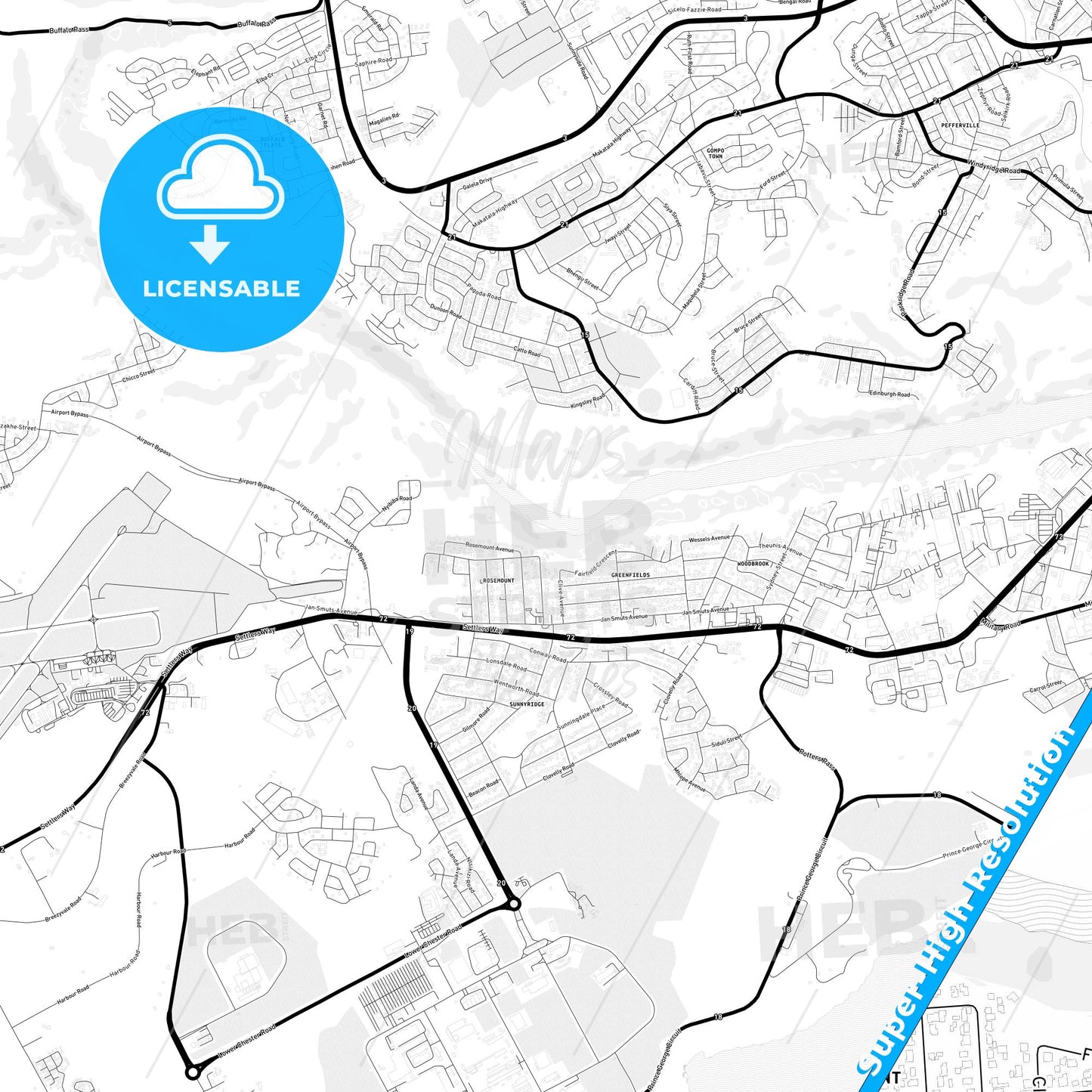East London, South Africa Light Map with Street Names, City Names, and Districts