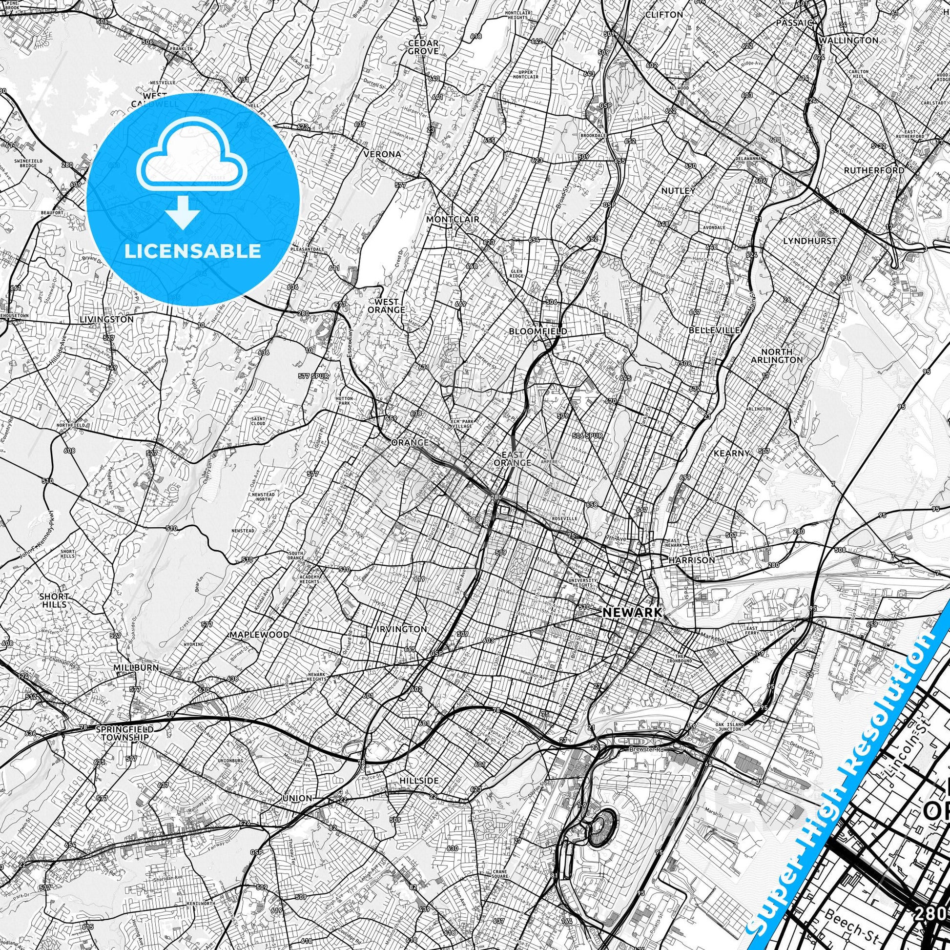 East Orange, New Jersey light map with streetnames, citynames and districts